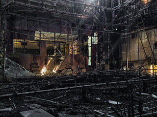 inside a building burned down and destroyed during the war in a city in Ukraine