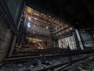 inside a building burned down and destroyed during the war in a city in Ukraine