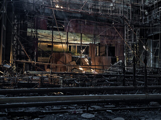 inside a building burned down and destroyed during the war in a city in Ukraine