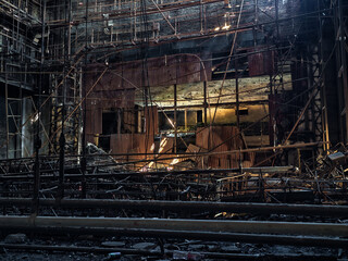 inside a building burned down and destroyed during the war in a city in Ukraine