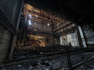inside a building burned down and destroyed during the war in a city in Ukraine
