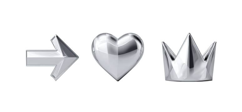 Three metallic icons an arrow, a heart, and a crown
