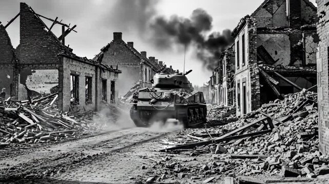 WWII Tank Advancing Through Destroyed Village - A black and white video depicts a World War II tank moving through a street in a village devastated by war.
