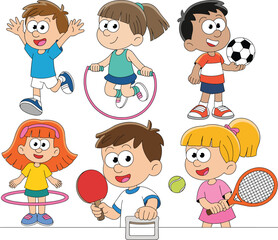 Cartoon kids doing sports activities, group of children playing games, colorful vector illustration, tennis, football, hula hoop, ping pong