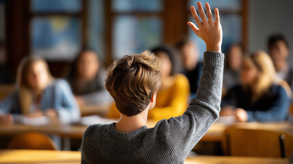 A student raises a hand, the engaged scene illuminated by gentle sunlight. Student, hand, with copy space