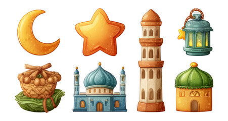 Colorful Clipart of Islamic Symbols on Transparent Background