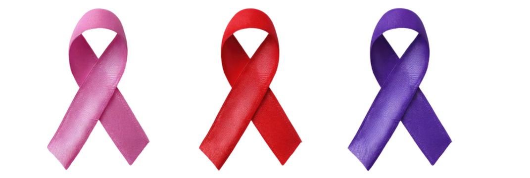Awareness ribbons in pink, red, and purple - Powered by Adobe