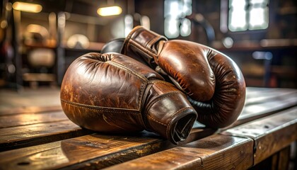 Vintage Brown Leather Boxing Gloves on Rustic Wooden Table in Gym Setting