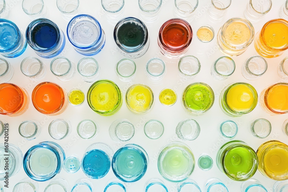 Aufkleber colorful liquids in glass containers arranged in a repeating pattern, creating a vibrant and visuall