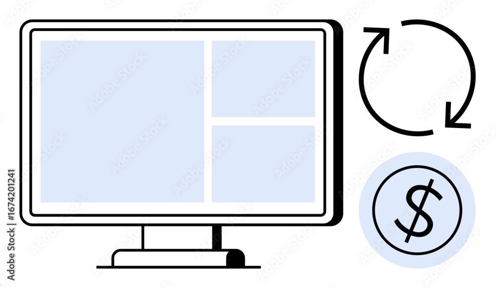 Poster computer monitor with grid interface, reload arrows, and dollar icon. ideal for subscription, renewa