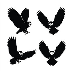 Four owls in different flight positions isolated on white background, showcasing their wings and silhouettes in a graphic design