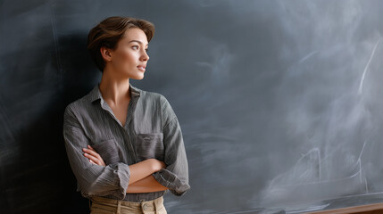 An educator stands by a chalkboard, the teaching scene illuminated by gentle light. Educator, chalkboard, with copy space