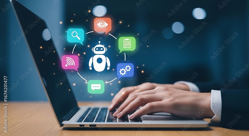 Poster hands typing on a laptop with a glowing robot icon and colorful application icons floating above rep