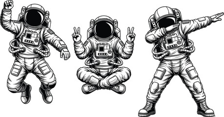 Cartoon astronauts in dynamic poses, space suit vector characters, playful cosmic exploration, dab dance, meditation, jumping action illustration set © Heriken