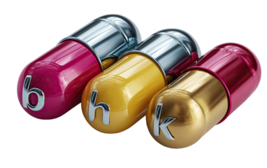 Three metallic-coated pills in varying colors, displaying letters