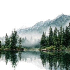 Misty mountain lake with pine trees