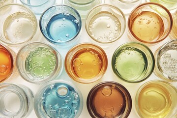 Top view of various colorful translucent liquids in small glass bowls.