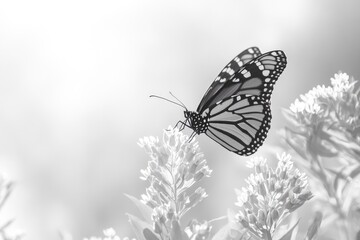 A monochrome image showcasing a monarch butterfly delicately perched on a cluster of blossoms.