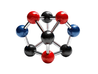3D model of a molecular structure.  Colorful atoms with metallic bonds