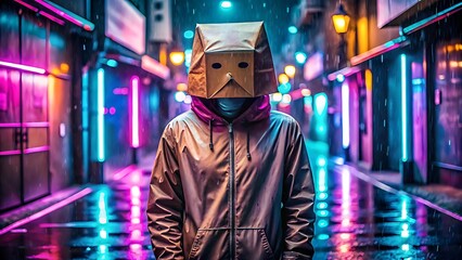 Person with paper bag on head standing in a neon lit street at night