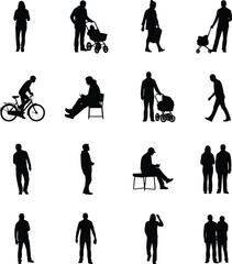 People silhouette vector set with daily activities, walking, cycling, sitting, standing, stroller pushing, shopping, travel, casual lifestyle illustration