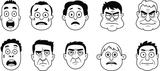 Cartoon male faces with emotional expressions, black and white vector heads, angry, sad, surprised, serious, isolated character icons