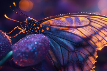 A dew-kissed butterfly with iridescent wings rests on a purple flower, bathed in warm light.