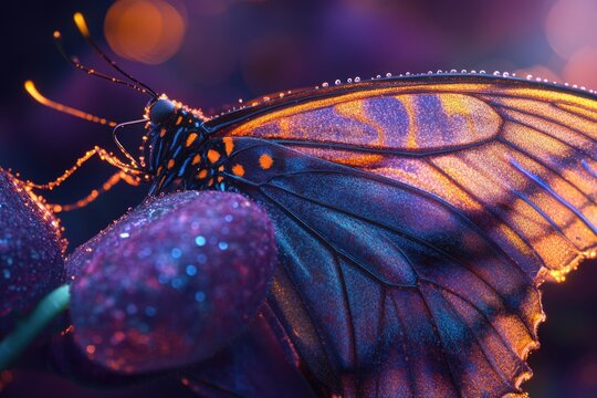 A dew-kissed butterfly with iridescent wings rests on a purple flower, bathed in warm light. - Powered by Adobe