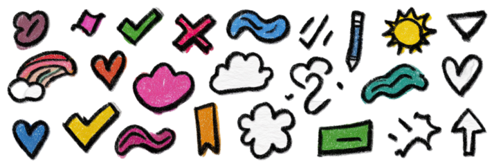Collection of colorful, hand-drawn doodle icons