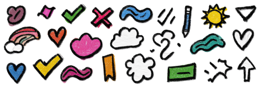 Collection of colorful, hand-drawn doodle icons