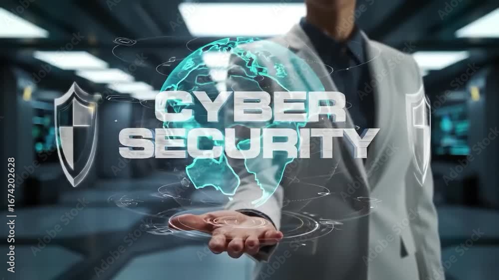 Poster cyber security hologram displayed over open hand in futuristic setting