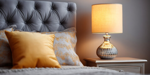 Modern hotel room interior design with cozy bed. Lamp light on bedside table. Relaxation and comfort in minimal home bedroom setting.