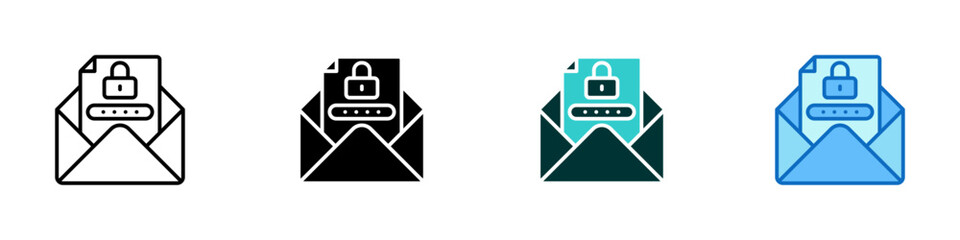Secure Email Multiple Style Icon Sheet Design Vector - An envelope with a padlocked letter inside, representing encrypted email, message protection, and secure communication