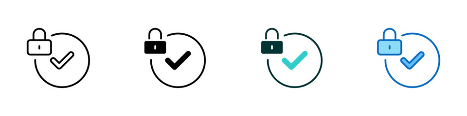 Secure Approval Multiple Style Icon Sheet Design Vector - padlock with a checkmark inside a partial circle, representing verified access, secure approval, and trusted authorization