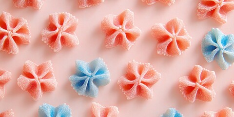 Obraz premium colorful pasta shapes on soft pink background with frosted texture
