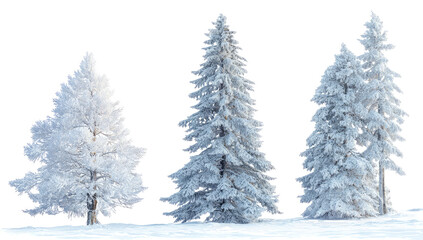 Obraz premium Three snow-covered evergreens in a winter landscape