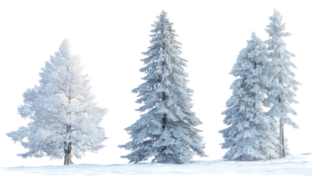 Three snow-covered evergreens in a winter landscape