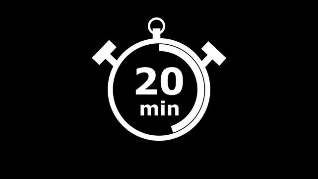 20 minute stopwatch icon isolated 20 minute timer animation .Animation timer 20 minutes - Stopwatch icon Motion graphics on black screen.20 minutes animation on white and black background
