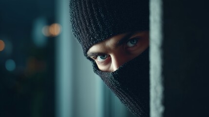 A mysterious man wearing a black ski mask peers from behind a wall, his intense eyes reflecting stealth and intrigue.