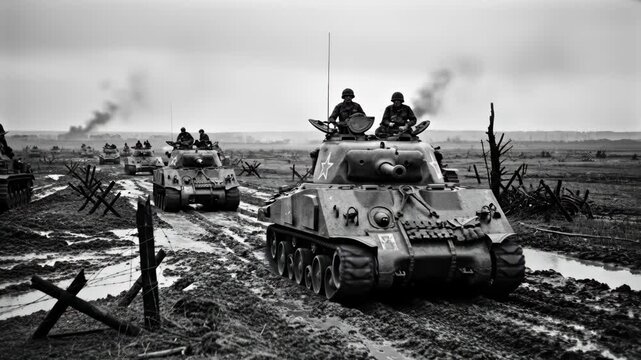 Vintage Tanks Rolling Across a Muddy Battlefield - Black and white footage of a convoy of tanks traversing a muddy battlefield, soldiers manning the vehicles as they move through the ravaged