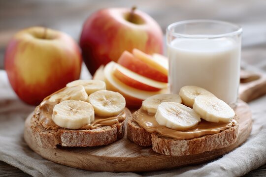 Two slices of bread topped with peanut butter and banana slices, alongside apples and milk