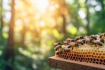 Honeybees diligently work on honeycomb, creating honey in a sunlit forest setting.
