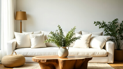 Minimalist living room with a plush sectional sofa, natural wood coffee table, and lush green plants, creating a serene and inviting ambiance