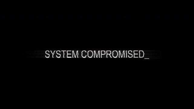 System compromised text animation on black background suitable for cybersecurity, hacking, data breach concepts, tech industry designs. 4k
