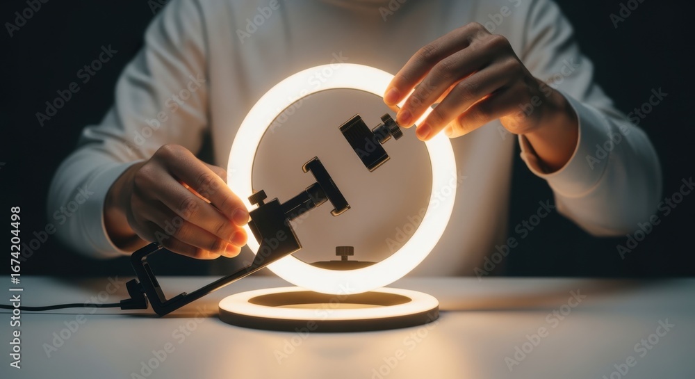Poster sequence of assembling portable led ringlight with smartphone clamp perfect for creating ideal light