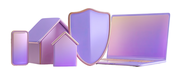 3D Illustration of Homes, Phone, Laptop, and Shield