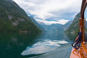 Beautiful Königssee lake in Bavaria, Germany – turquoise alpine water surrounded by majestic...