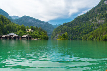 Beautiful Königssee lake in Bavaria, Germany – turquoise alpine water surrounded by majestic...