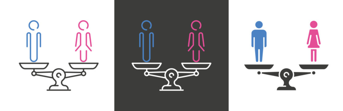 flat and linear set icons, compare women and men on scales icon, gender inequality, balance justice, images, simple symbols on white and black background - editable stroke vector illustration