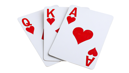 Three playing cards, hearts suit, close-up